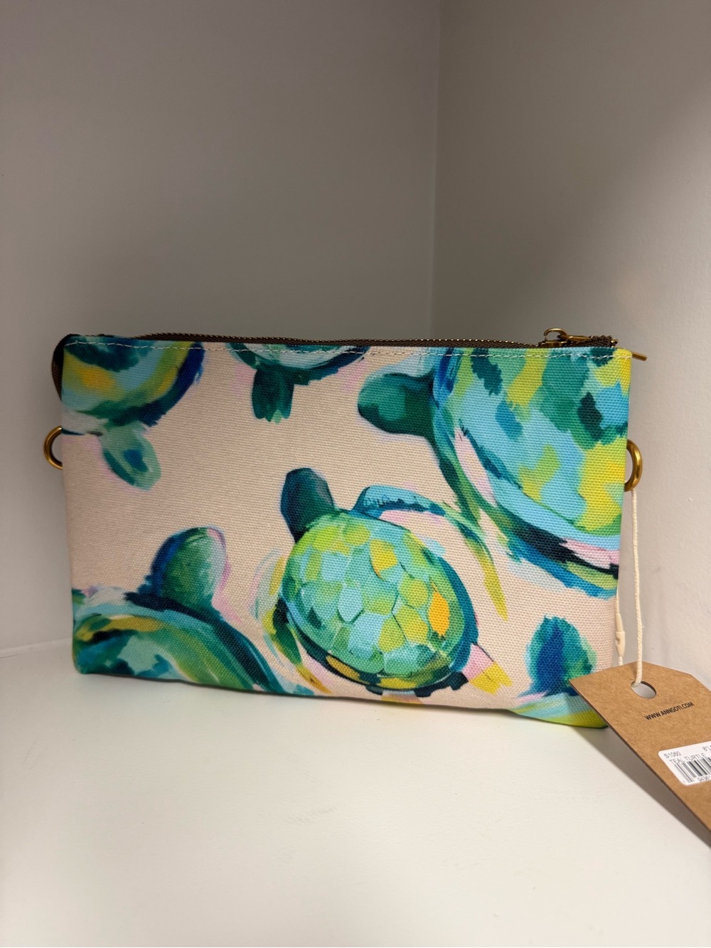 Sea Turtle Crossbody Wristlet Clutch in Teal Blue Green Canvas Multi Pocket NWT - Picture 2 of 10
